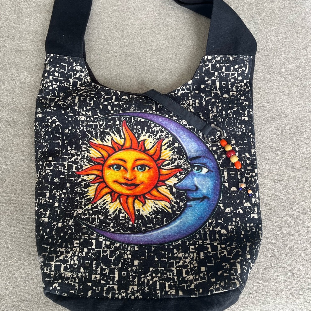 Celestial Black Sun and Moon BoHo Crossbody Bag